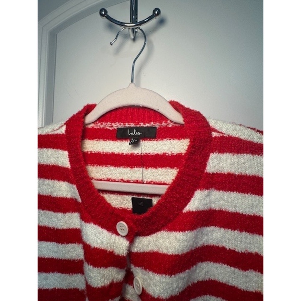 Lulus - Fuzzy Red White Striped Cropped Button Front Cardigan Sweater - Picture 2 of 5